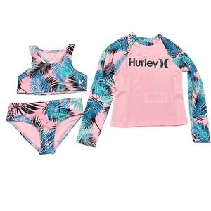 Hurley 3-Piece Girls Swimsuit Set Rash Guard Top Bikini‎ Bottoms Pink Palm  6X